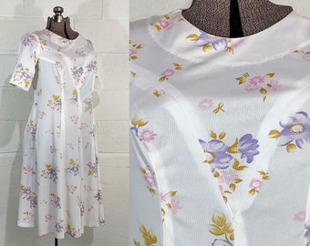 Vintage Pastel Floral Dress Shift Short Sleeve Spring Summer Wedding Garden Party Flowers 1960s Large