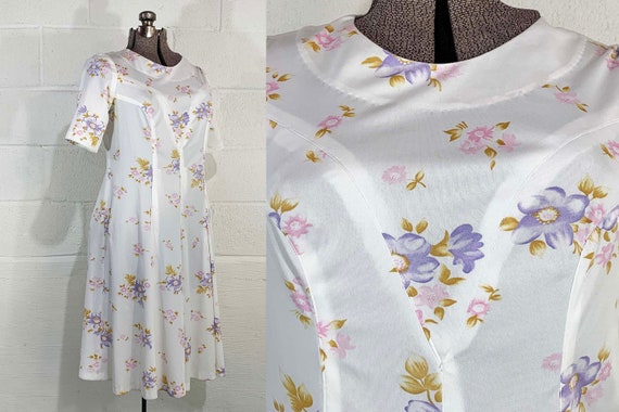 Vintage Pastel Floral Dress Shift Short Sleeve Spring Summer Wedding Garden Party Flowers 1960s Large