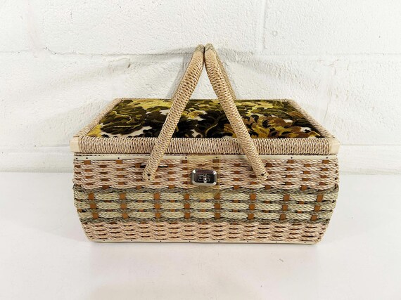 Vintage Sewing Basket Knitting Crocheting Textile Blue Floral Power Carry Notions Storage Mid-Century 1970s 1960s