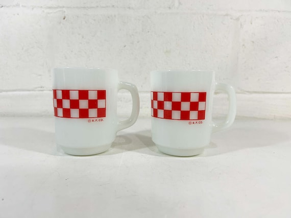 Vintage Anchor Hocking Red & White Ralston Purina Check Milk Glass Set of 2 Mugs USA Coffee Diner Kitchen Retro 1960s