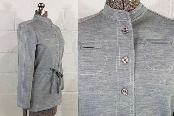 Vintage Gray Tunic Checkaberry Long Sleeves Mod Grey Tie Waist Mandarin Collar Military Style 1960s 1970s Small