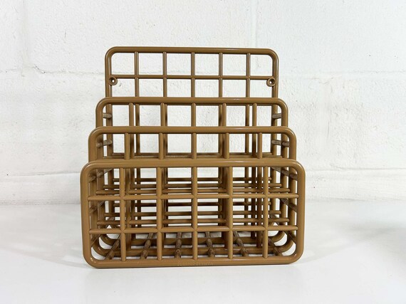 Vintage Desk Organizer Yaffa Letter Magazine Desktop Plastic Storage Office Mail Holder Postmodern 1980s Beige Brown Tan Modern Home