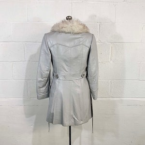 Vintage Grey Leather Belted Jacket Fur Collar Mod Boho Gray Mid-Length Trench Coat Button Front Penny Lane 1970s 1960s Medium image 7