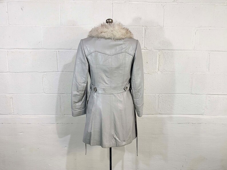 Vintage Grey Leather Belted Jacket Fur Collar Mod Boho Gray Mid-Length Trench Coat Button Front Penny Lane 1970s 1960s Medium image 7