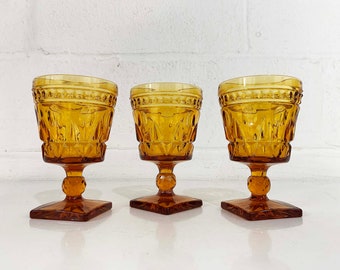 Vintage Park Lane Amber Water Glasses Square Base Goblet Set of 3 Indiana Glass Yellow Dopamine Decor 1960s 1970s