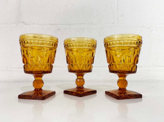 Vintage Park Lane Amber Water Glasses Square Base Goblet Set of 3 Indiana Glass Yellow Dopamine Decor 1960s 1970s