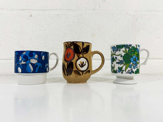 Vintage Set of 3 Mismatched Mugs Floral Stoneware Glazed Pottery Mug Green Blue Boho Mushroom Mushie Japan Flower Power 1970s 1960s