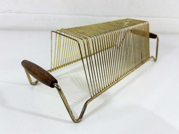 Vintage Record Stand 45 45RPM 7 Inch Storage Mid-Century Metal Wire Rack Gold Wood Mail Organizer