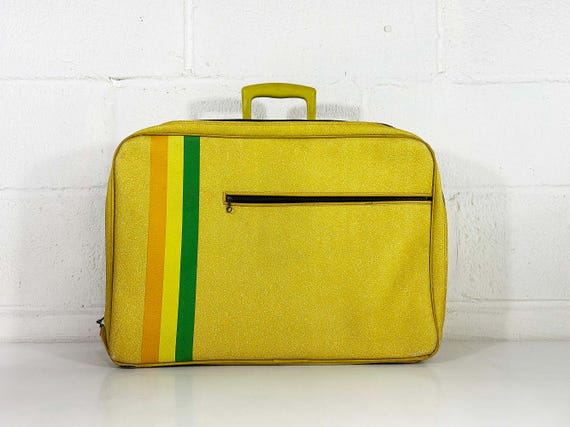 Vintage Yellow Suitcase Small Mod Bag Flight Travel Overnight Carry On Train Case Vinyl Luggage Travel Vacation Striped 1960s 1970s