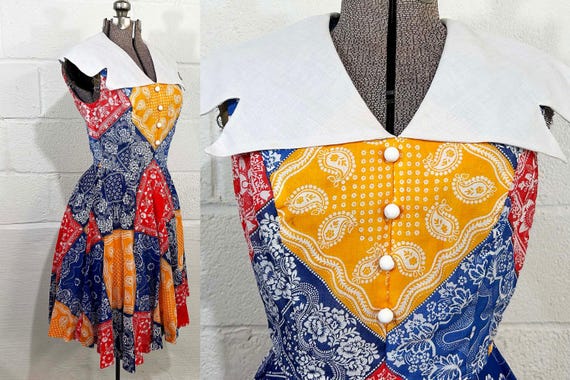 Vintage Paisley Dress Hankerchief Blue Red Yellow Sleeveless Fit & Flare Burt Stanley of California Exaggerated Collar 1960s 60s Small