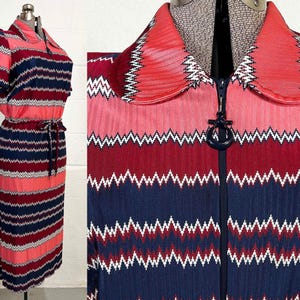 Vintage Mod Midi Dress Zig Zag Chevron Collared Mod Navy Blue Pink Burgundy Striped Short Sleeve 1960s XL XXL Large