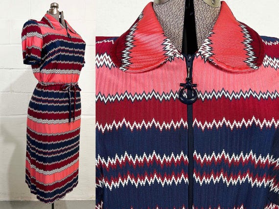 Vintage Mod Midi Dress Zig Zag Chevron Collared Mod Navy Blue Pink Burgundy Striped Short Sleeve 1960s XL XXL Large
