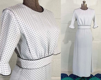 Vintage White Polka Dot Dress 3/4 Sleeves Alternative Wedding Ruffle Rockabilly Maxi A-Line Black 1980s 80s Small