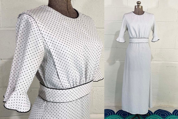 Vintage White Polka Dot Dress 3/4 Sleeves Alternative Wedding Ruffle Rockabilly Maxi A-Line Black 1980s 80s Small