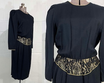 Vintage Black Cocktail Dress Gold Lace Long Sleeve Party New Year's Goth Vamp Evening 1980s Mob Wife Aesthetic Medium Large