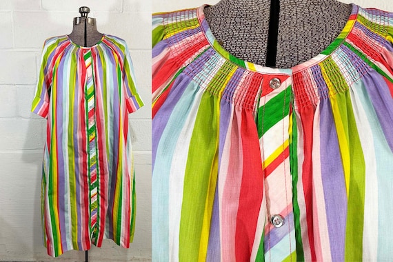 Vintage Rainbow Housedress Nightgown House Coat Dress Snap Front Gown Sleepwear Stripe 1970s Short Sleeve XXL 2XL 3XL 4XL Plus Curve Volup