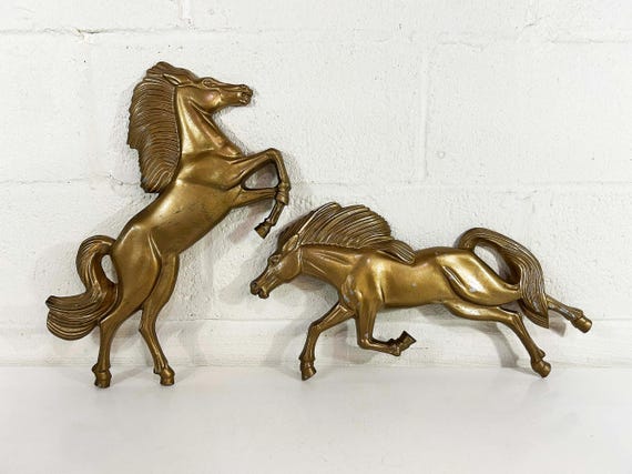Vintage Set of 2 Horses Wall Art Cast Metal Horse Dopamine Decor 1970s Equestrian Gold Nursery Kids Room H.J Wilkie Cowboy Western