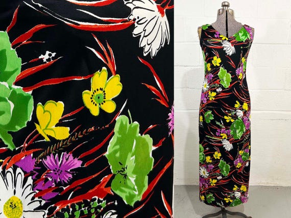 Vintage Mod Maxi Dress Funky Abstract Floral Black Minx TV Movie Costume Colorful Psychedelic Hostess Gown Twiggy Sleeveless 1970s Small