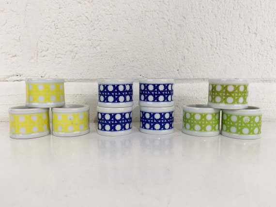 Vintage Napkin Rings Set of 10 Takahashi Porcelain Japan Ceramic Ring Blue Green Yellow Colorful White Dinner Table Party 1980s