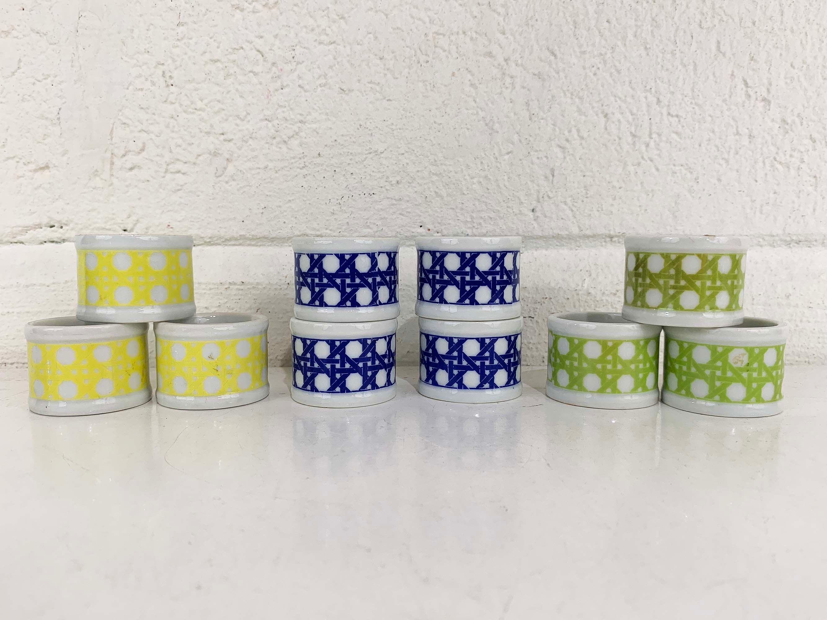 Vintage Napkin Rings Set of 10 Takahashi Porcelain Japan Ceramic Ring Blue Green Yellow Colorful White Dinner Table Party