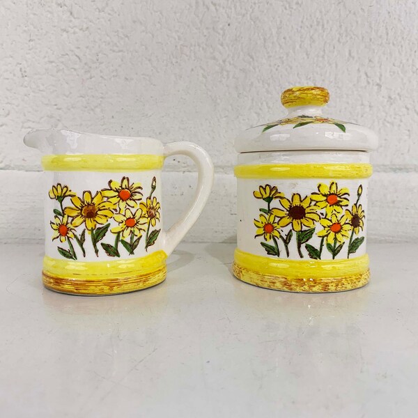 Vintage Sugar Creamer Set Pair Coffee Cream Sears 1970s 70s Yellow Floral TV Movie Prop Aesthetic Retro Kitsch Kitschy Tea 1978 Japan