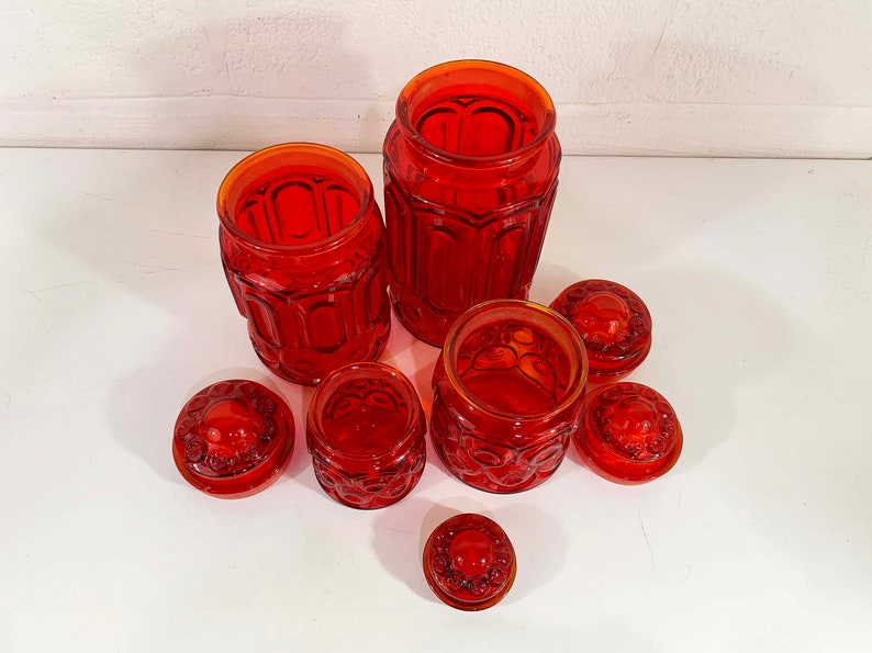 Vintage LE Smith Red Moon & Stars Glass Canisters Set of 4 Kitchen Canister Food Storage MCM Glassware 1960s Retro Cookie Jar image 8