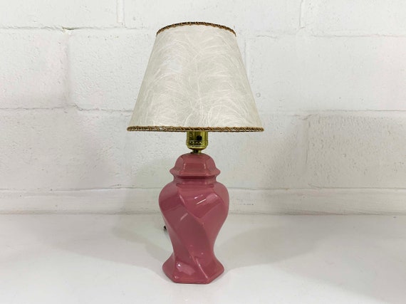 Vintage Small Pink Table Lamp Ceramic Light Decor MCM Rose Mid-Century Accent Lighting Bedroom Art Deco Revival 1980s 80s