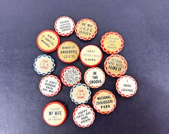 Vintage Novelty Pinback Button Brooch - Sold Individually - Funny Gag Gift 1940s 1950s Checkered Blue Red Mid Century