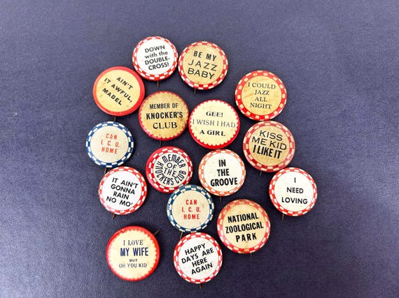 Vintage Novelty Pinback Button Brooch - Sold Individually - Funny Gag Gift 1940s 1950s Checkered Blue Red Mid Century