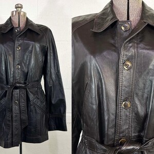 Vintage Dark Brown Leather Jacket Belted Coat Button Front Perusal Medium Large 1970s