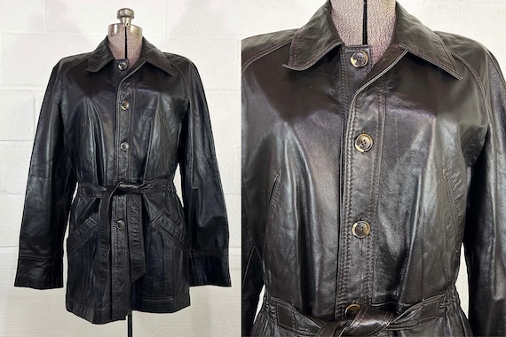 Vintage Dark Brown Leather Belted Jacket Coat Winter Hipster Button Front Boho Mod Satin Lining Perusal Turkey Medium Large 70s 1970s