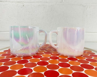 Vintage Federal Glass Iridescent Mugs Set of 2 Mug Holographic Coffee Milk Aurora Pearl Luster Moonglow Moon Glow Rainbow Lusterware 1960s