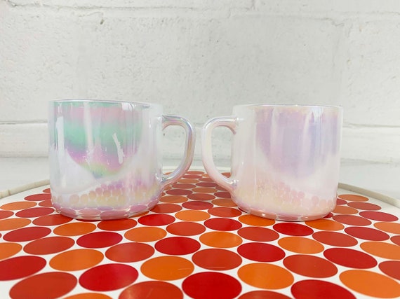 Vintage Federal Glass Iridescent Mugs Set of 2 Mug Holographic Coffee Milk Aurora Pearl Luster Moonglow Moon Glow Rainbow Lusterware 1960s