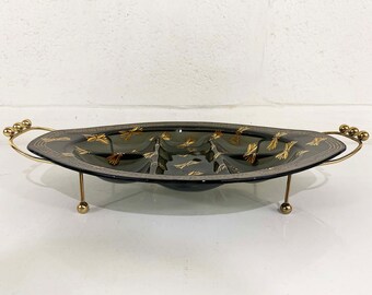 Vintage Divided Serving Tray Cheese Cracker Plate Smoky Black Gold Glass Metal Stand Holiday Party Charcuterie Platter MCM 1960s