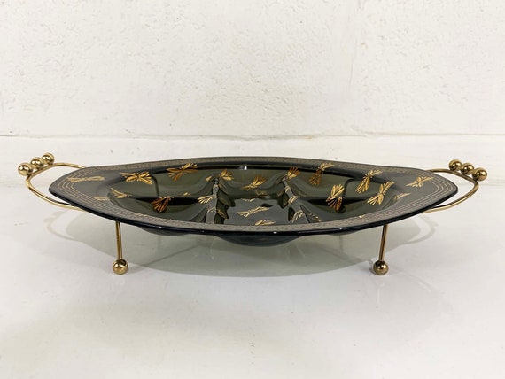 Vintage Divided Serving Tray Cheese Cracker Plate Smoky Black Gold Glass Metal Stand Holiday Party Charcuterie Platter MCM 1960s