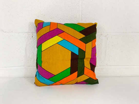 Vintage Geometric Rainbow Throw Pillow Accent Colorful Sofa Couch White Yellow Green Mod Mid-Century 1970s