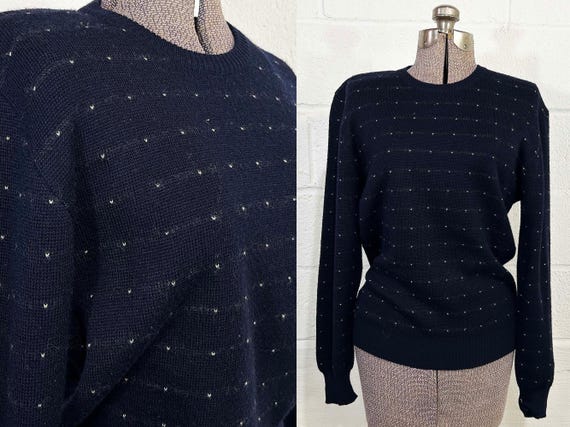 Vintage Navy Knit Sweater Saturday's Generation Bloomingdale's Wool Jumper White Tiny Dots Made in Italy 1970s Large Medium