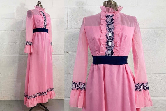 Vintage Pink Formal Maxi Dress 60s Mod Baby Doll Ruffle Trim Floral 1960s Mod Twiggy Long Sleeve Prom Hostess Party XXS XS