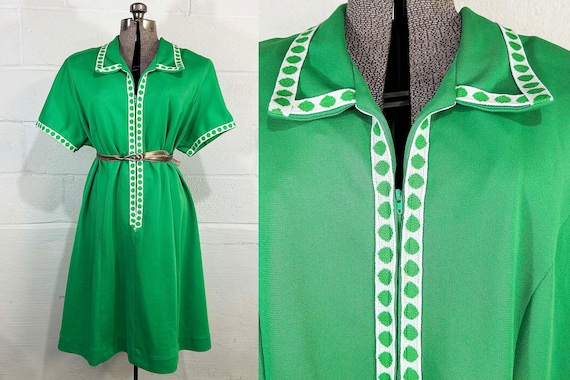 Vintage Kelly Green Dress Polka Dot Collar A Line Short Sleeves 1960s Mod Lane Bryant Plus Curve Volup 2XL 2X 3XL 3X 4XL 4X