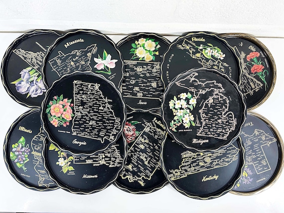Vintage Metal State Drink Tray Plate Souvenir Map Mid-Century Barware State Flower Floral 1970s - Sold Individually