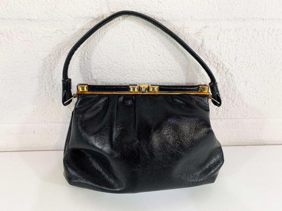 Vintage Black Purse Evening Bag Handbag Gold Brass Snap Lock Cocktail Party 1950s 1960s