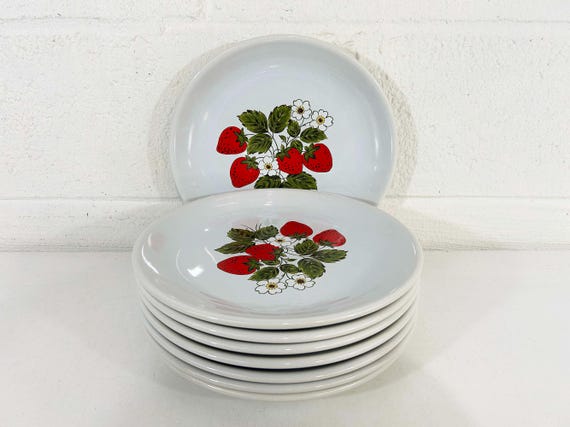 Vintage Strawberry Dinner Plate Serving Set of 8 McCoy Plates 1970s 1980s Stoneware