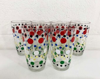 Vintage Polka Dot Jeanette Glasses Set of 6 Colorful Pattern Rainbow Primary Colors Highball Glass Barware Drinkware NOS Deadstock 1950s