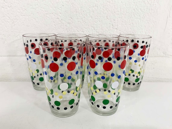 Vintage Polka Dot Jeanette Glasses Set of 6 Colorful Pattern Rainbow Primary Colors Highball Glass Barware Drinkware NOS Deadstock 1950s