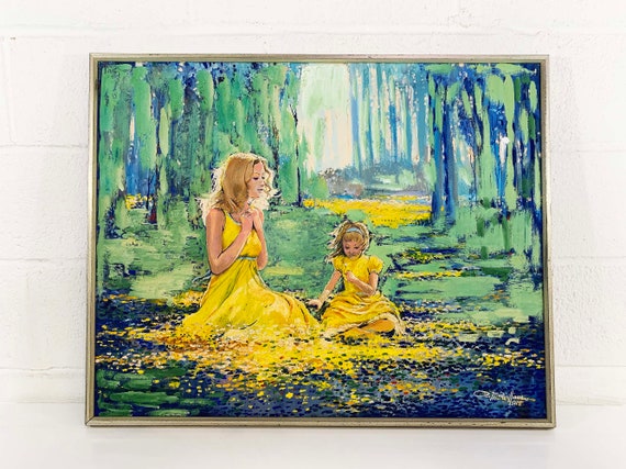 Vintage Paul MacWilliams Original Painting Art Wildflowers Flower Meadow Woman Child Framed Painted Painter Philadelphia Wall Dated 1974