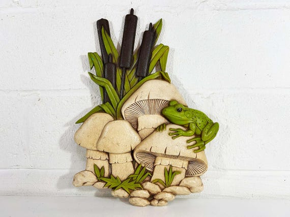 Vintage Mushroom Wall Hanging Frog Cattails Plastic Burwood Art Kitchen Mushrooms 1970 1970s Kitchen Kitschy Nursery Cute Kawaii 1973 Mushie