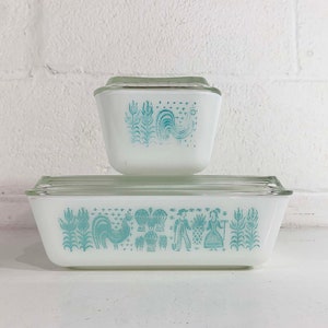 Vintage Pyrex Butterprint Refrigerator Dishes with Lids Amish Print Turquoise Blue Glass Dish Mid-Century 0503 0502 Ovenware Dopamine 1950s image 1