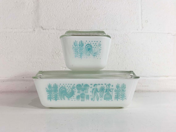 Vintage Pyrex Butterprint Refrigerator Dishes with Lids Amish Print Turquoise Blue Glass Dish Mid-Century 0503 0502 Ovenware Dopamine 1950s