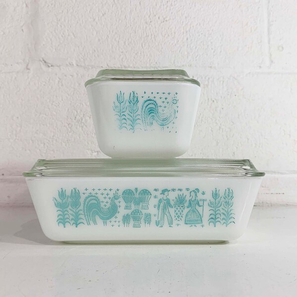 Vintage Pyrex Butterprint Refrigerator Dishes with Lids Amish Print Turquoise Blue Glass Dish Mid-Century 0503 0502 Ovenware Dopamine 1950s