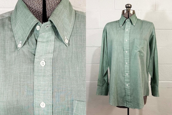 Vintage Sage Green Button Front Long Sleeve Shirt Collared Sears 1970s XL Large